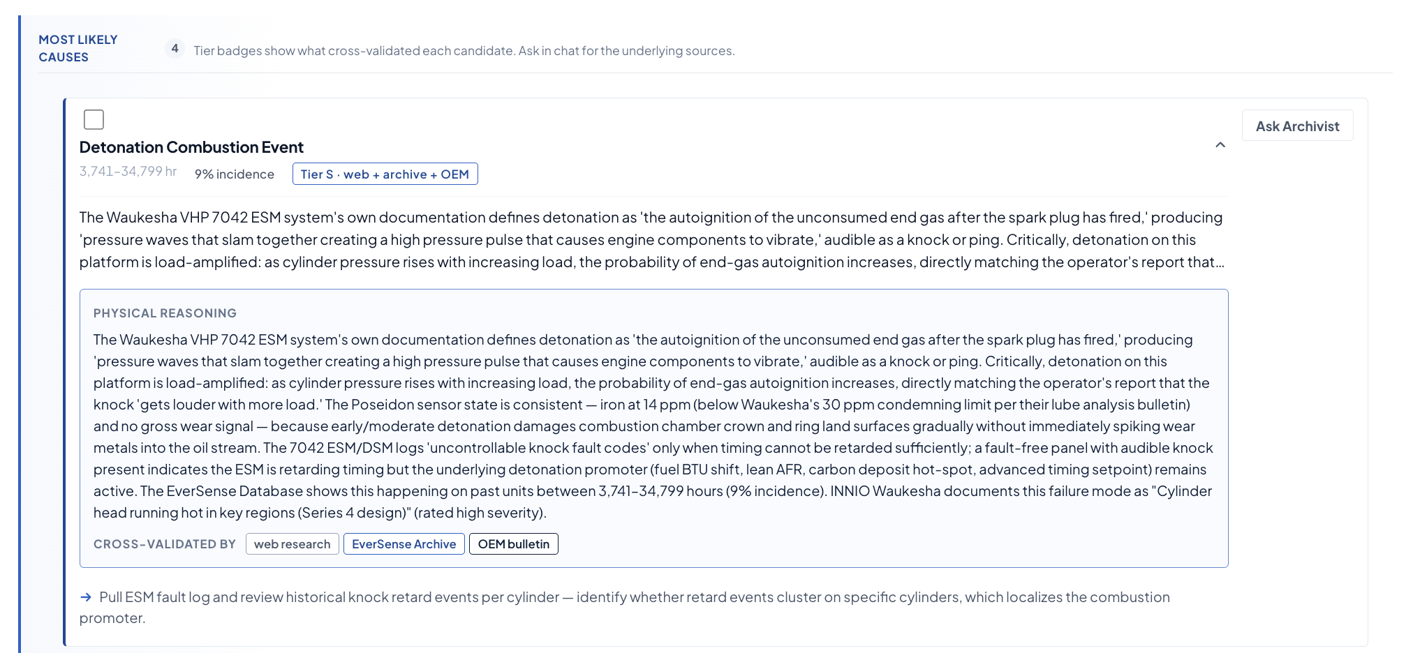An investigation showing a detonation and combustion event with its reasoning and sources