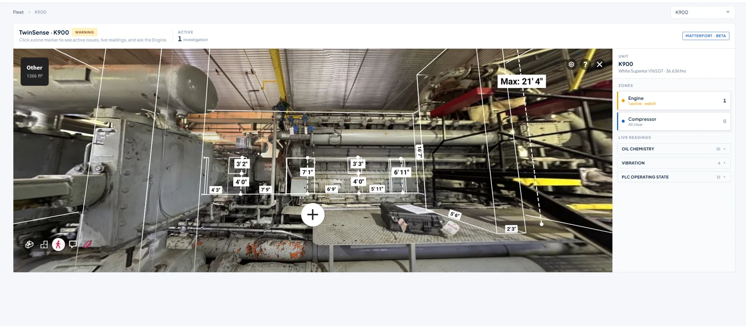 A 3D twin of unit K900 with the engine zone flagged critical and on-screen measurements