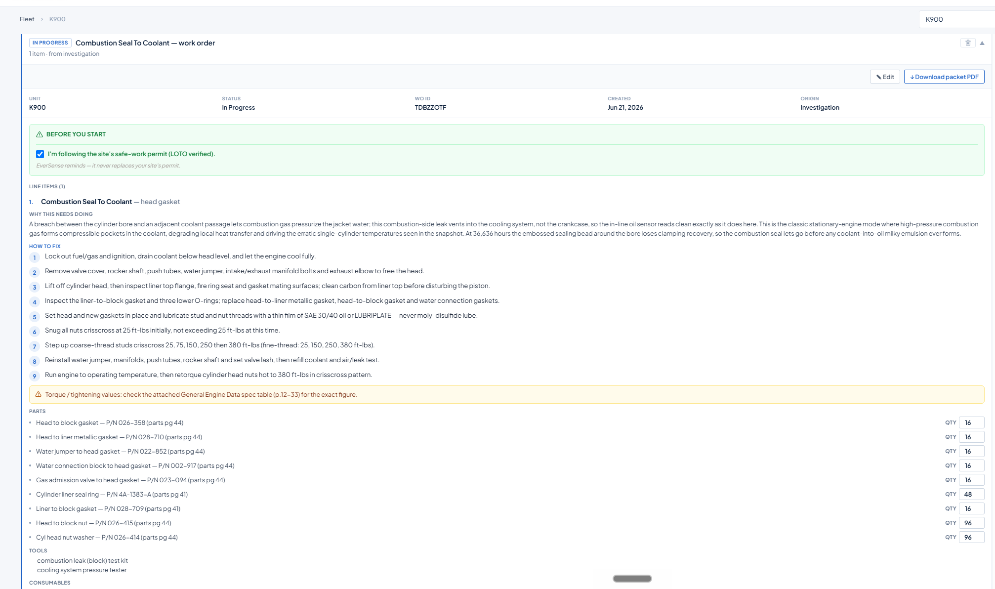 An auto-generated work order with steps, parts, torque specs, and safety checks